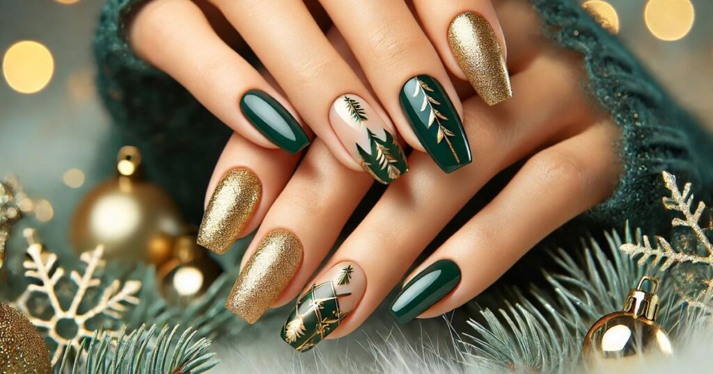 Elegant Gold & Green Combo Nails