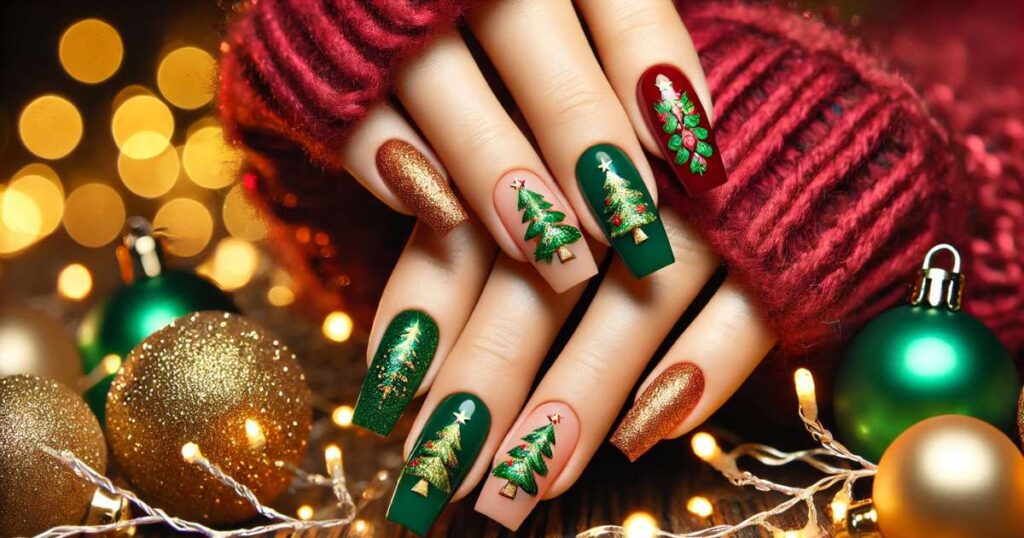 Green & Gold Christmas Tree Nails